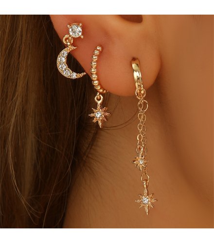 E1729 - Star and Moon Chain Tassel Earrings